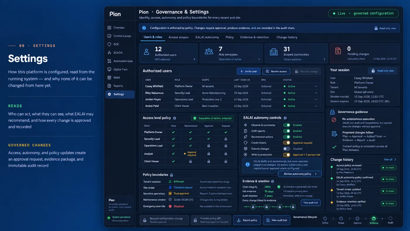 Governance & Settings design mockup — Identity, access, and policy boundaries for every tenant and site